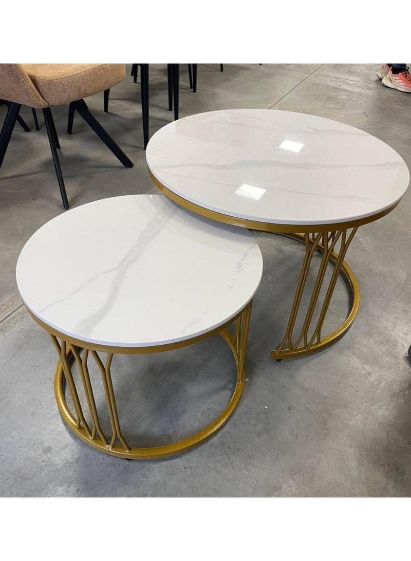 DubaiGallery Luxury Modern Nested Coffee Table Set of 2 with White Marble Finish Top and Gold Metal Frame, Round Living Room Center Tables, Space Saving Design with Size 70×45cm and 50×38cm for Home and Office Décor - Image 2